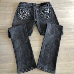 Red Rivet Jeans Skinny Slim Faux Rhinestone Embroidered Gray Womens Jr Size 11
